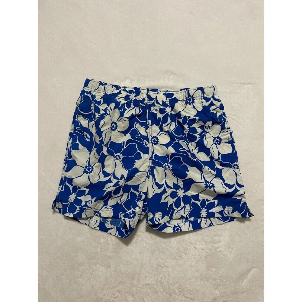 Lands End Swim Trunk Shorts Mens Large 36 38 Blue White Floral Pull On Lined